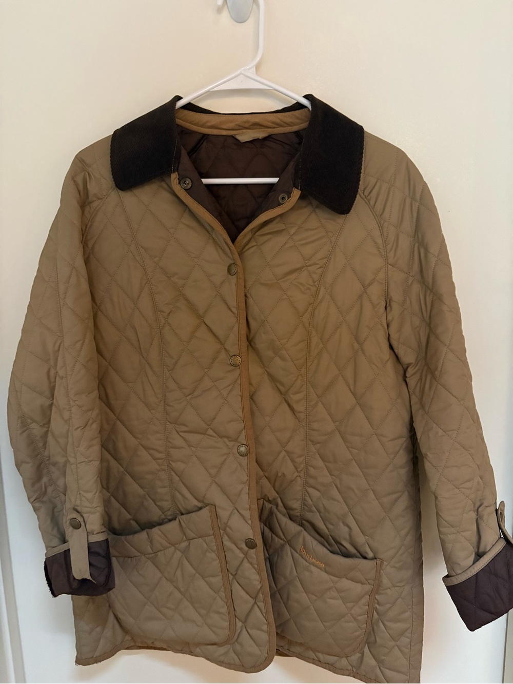 Barbour Quilted Khaki Utility Jacket with Dark Brown Collar